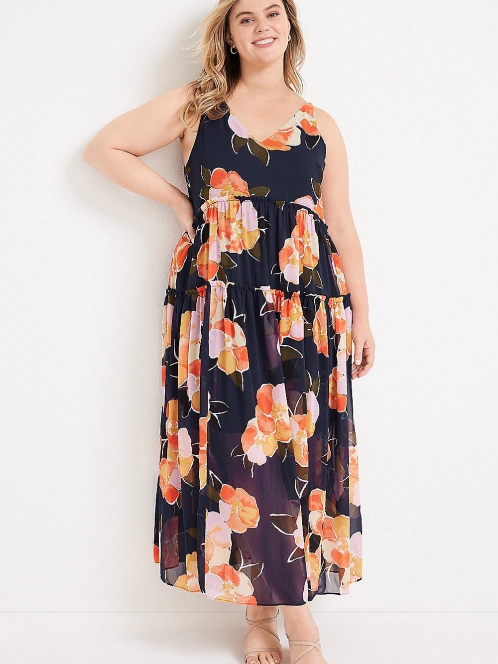 Maurices Navy Maxi Dress with Orange and Pink Floral Print